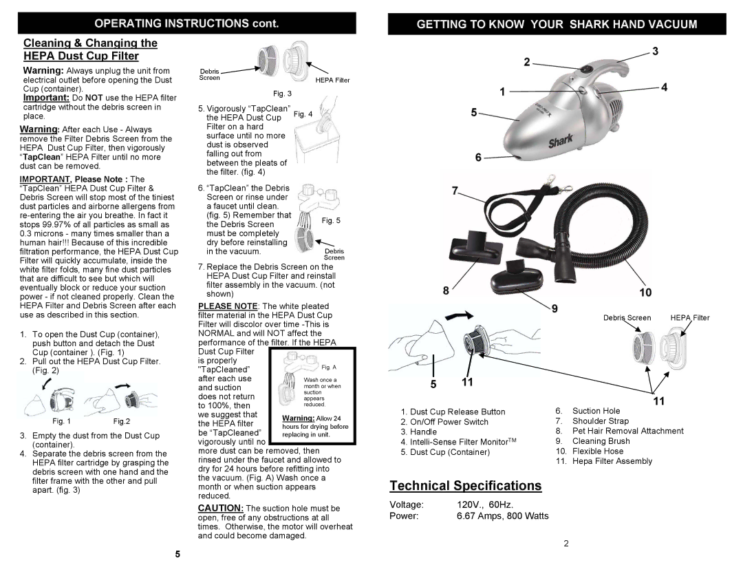 Euro-Pro EP035T2 owner manual Getting to Know Your Shark Hand Vacuum, Cleaning & Changing the Hepa Dust Cup Filter 