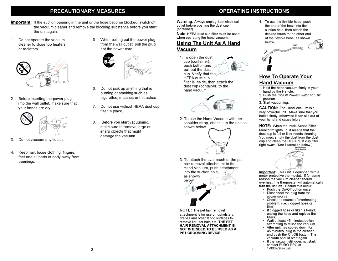 Euro-Pro EP035T2 owner manual Precautionary Measures Operating Instructions, Using The Unit As a Hand Vacuum 