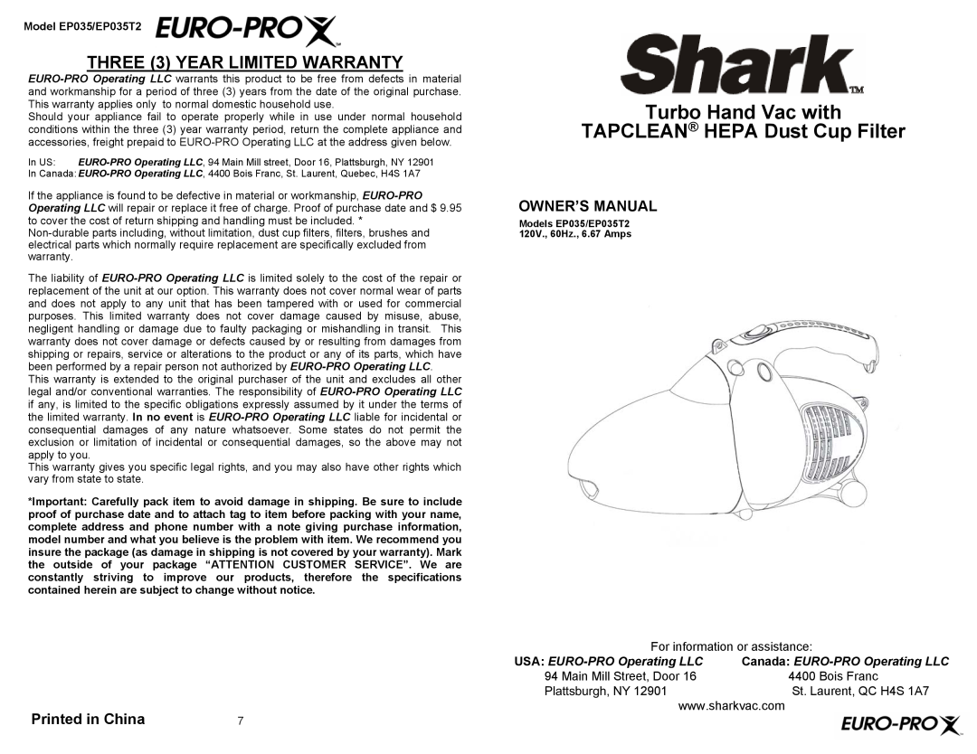 Euro-Pro EP035 owner manual THREE 3 YEAR LIMITED WARRANTY, Printed in China, Owner’S Manual, For information or assistance 