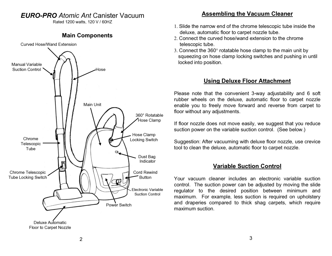 Euro-Pro EP044 Main Components, Assembling the Vacuum Cleaner, Using Deluxe Floor Attachment, Variable Suction Control 