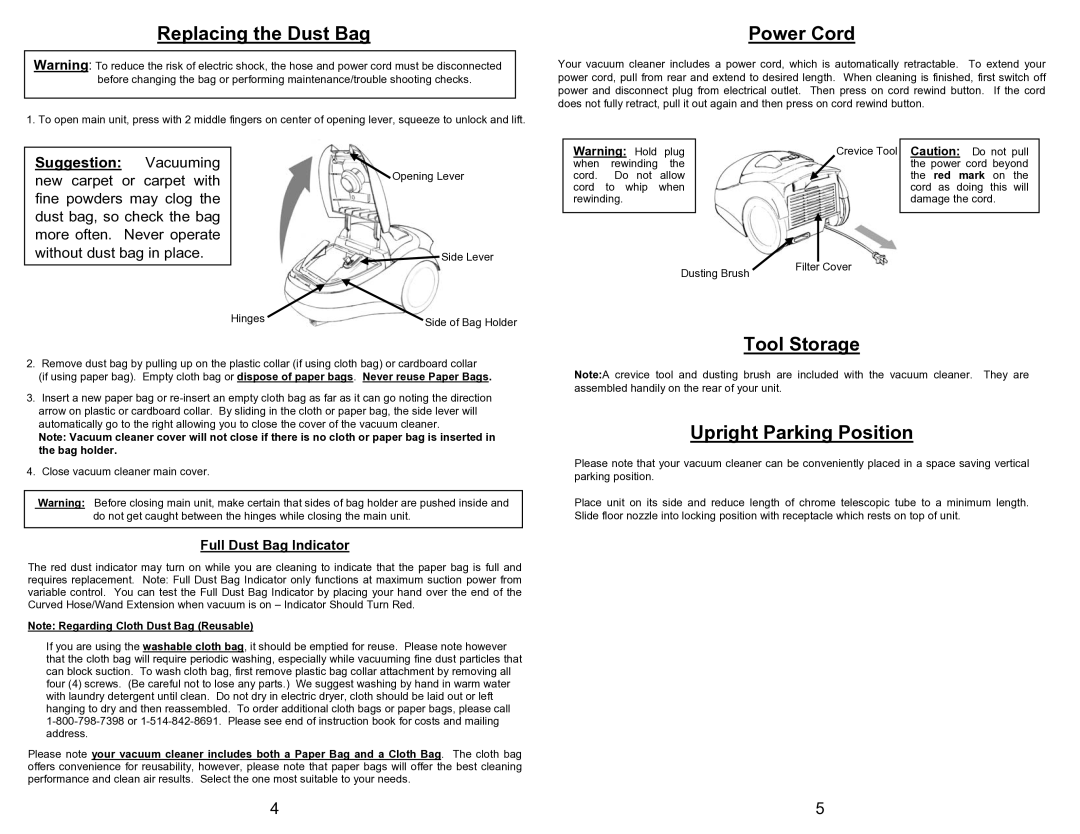 Euro-Pro EP044 manual Replacing the Dust Bag, Power Cord, Tool Storage Upright Parking Position 