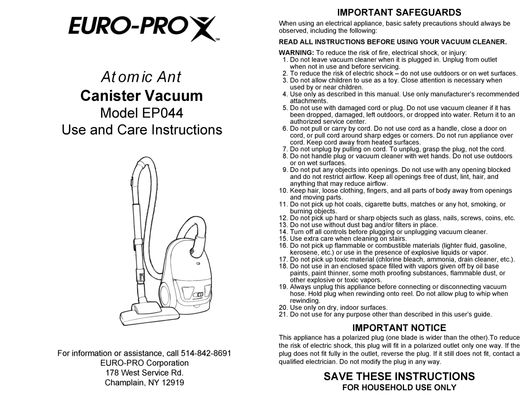 Euro-Pro EP044 manual Important Safeguards, Important Notice, For Household Use Only, At om ic Ant, Canister Vacuum 