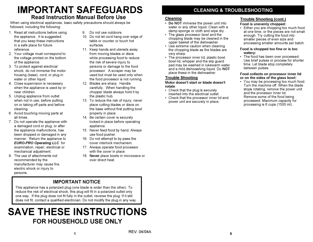 Euro-Pro EP108H owner manual Important Safeguards, Important Notice, Cleaning, Trouble Shooting 