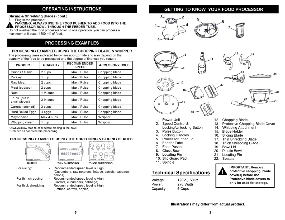 Euro-Pro EP108H owner manual Slicing & Shredding Blades, Illustrations may differ from actual product 