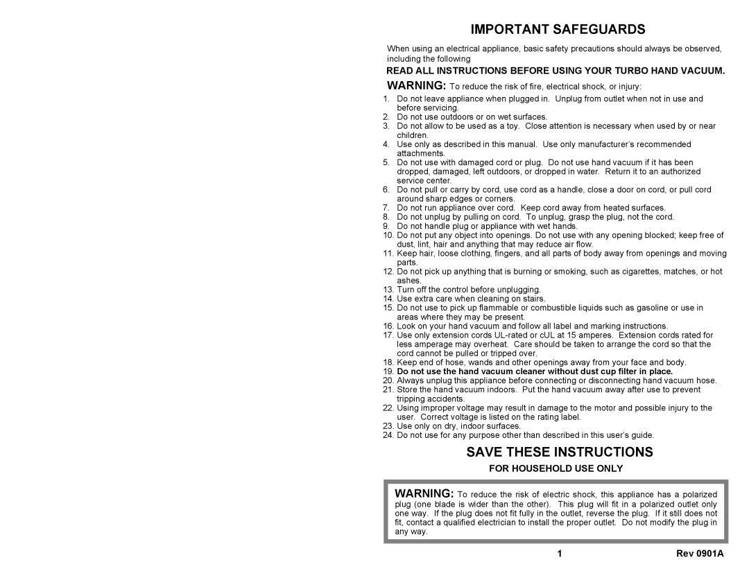 Euro-Pro EP133S Important Safeguards, Read ALL Instructions Before Using Your Turbo Hand Vacuum, For Household USE only 