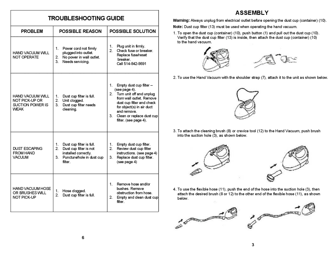 Euro-Pro EP133S manual Troubleshooting Guide, Assembly 