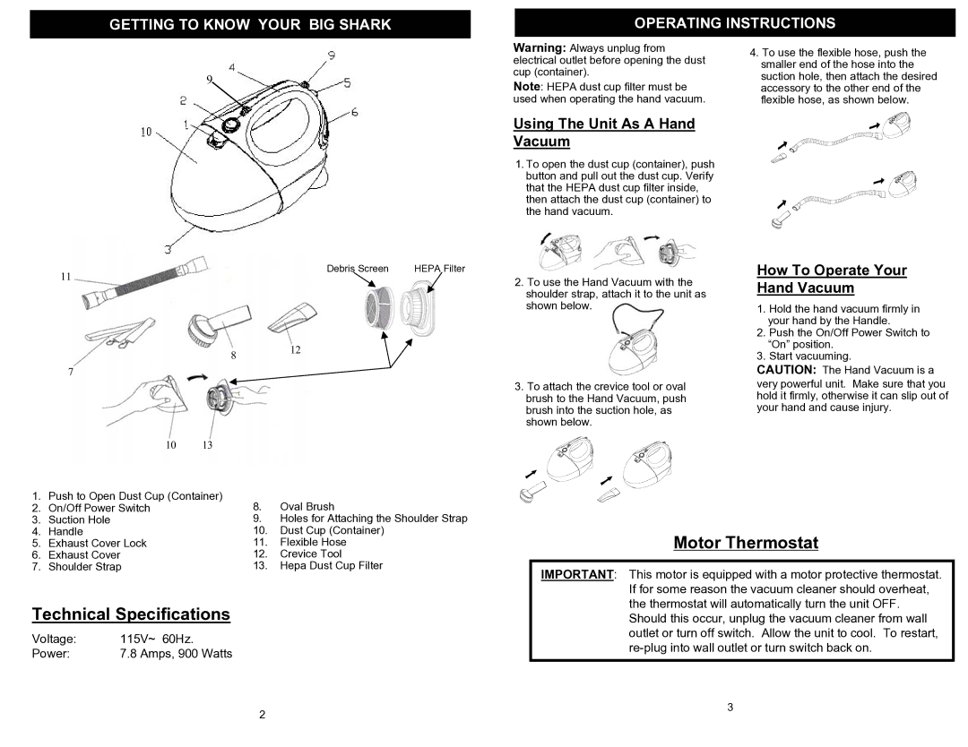 Euro-Pro EP134 Getting to Know Your BIG Shark Operating Instructions, Using The Unit As a Hand Vacuum 