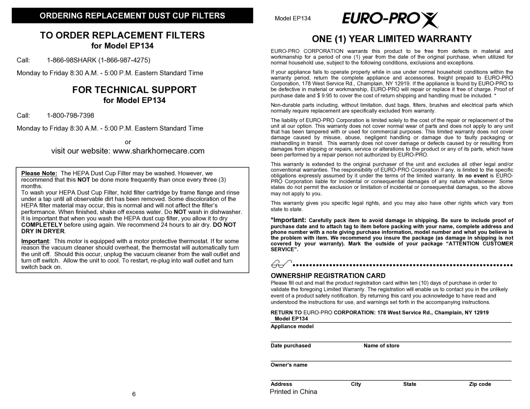 Euro-Pro important safety instructions Ordering Replacement Dust CUP Filters, For Model EP134 