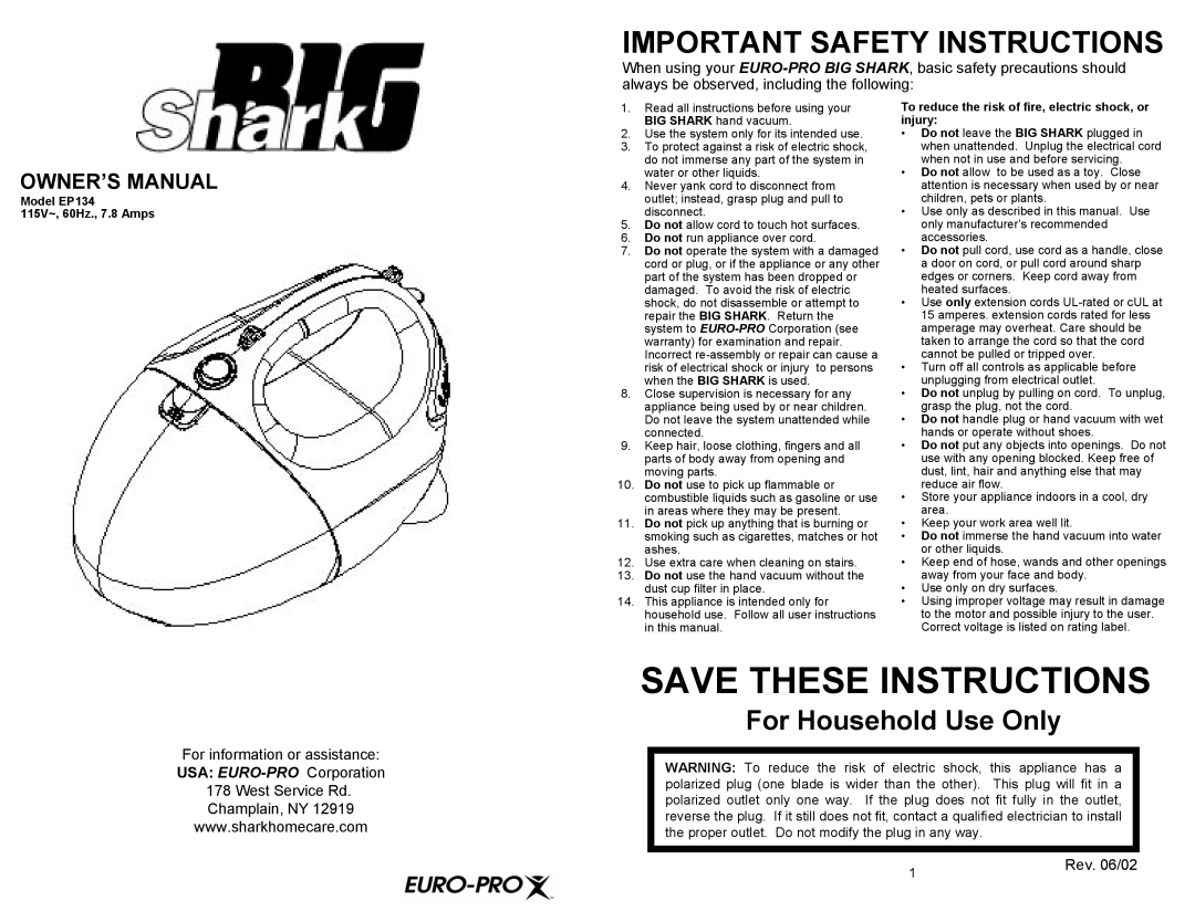 Euro-Pro EP134 important safety instructions Owner’S Manual, Rev. 06/02, Save These Instructions, For Household Use Only 
