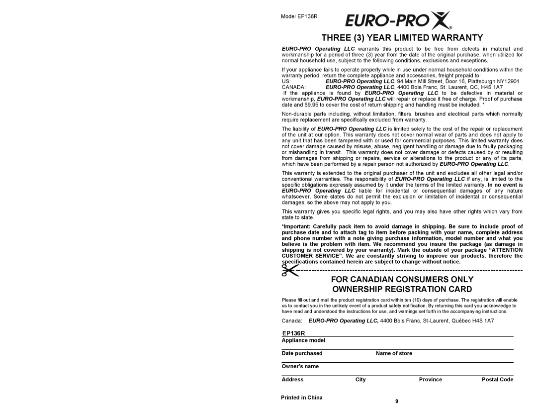 Euro-Pro EP136R owner manual Three 3 Year Limited Warranty, For Canadian Consumers only Ownership Registration Card 