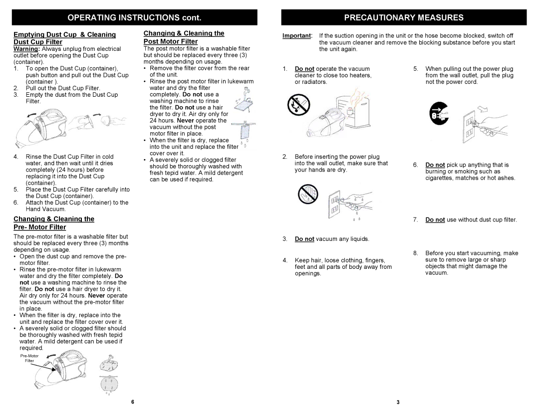 Euro-Pro EP136R owner manual Precautionary Measures, Emptying Dust Cup & Cleaning Dust Cup Filter 