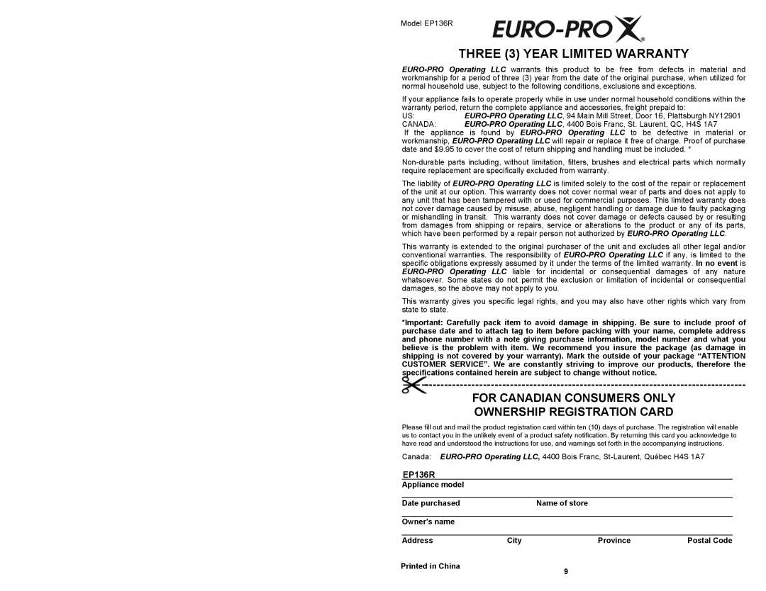 Euro-Pro EP136R THREE 3 YEAR LIMITED WARRANTY, For Canadian Consumers Only Ownership Registration Card, Owners name, City 