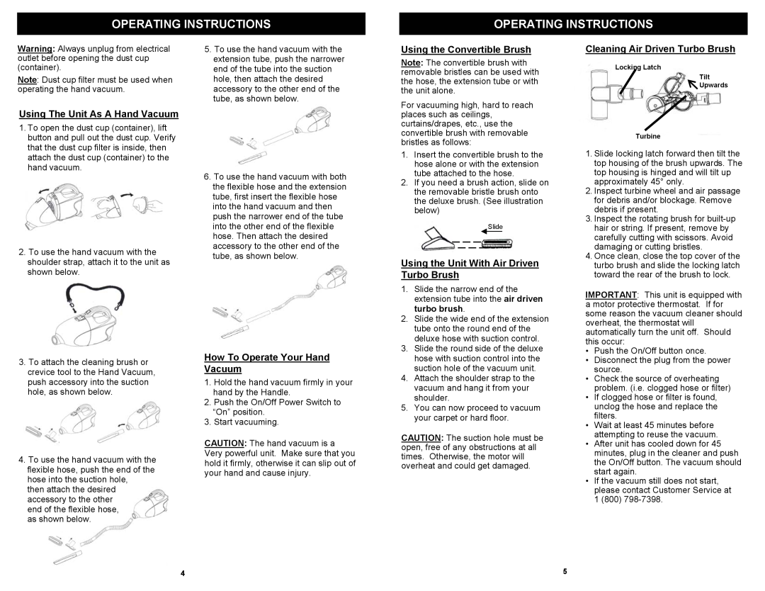 Euro-Pro EP136R owner manual Operating Instructions, Using the Convertible Brush, Cleaning Air Driven Turbo Brush 