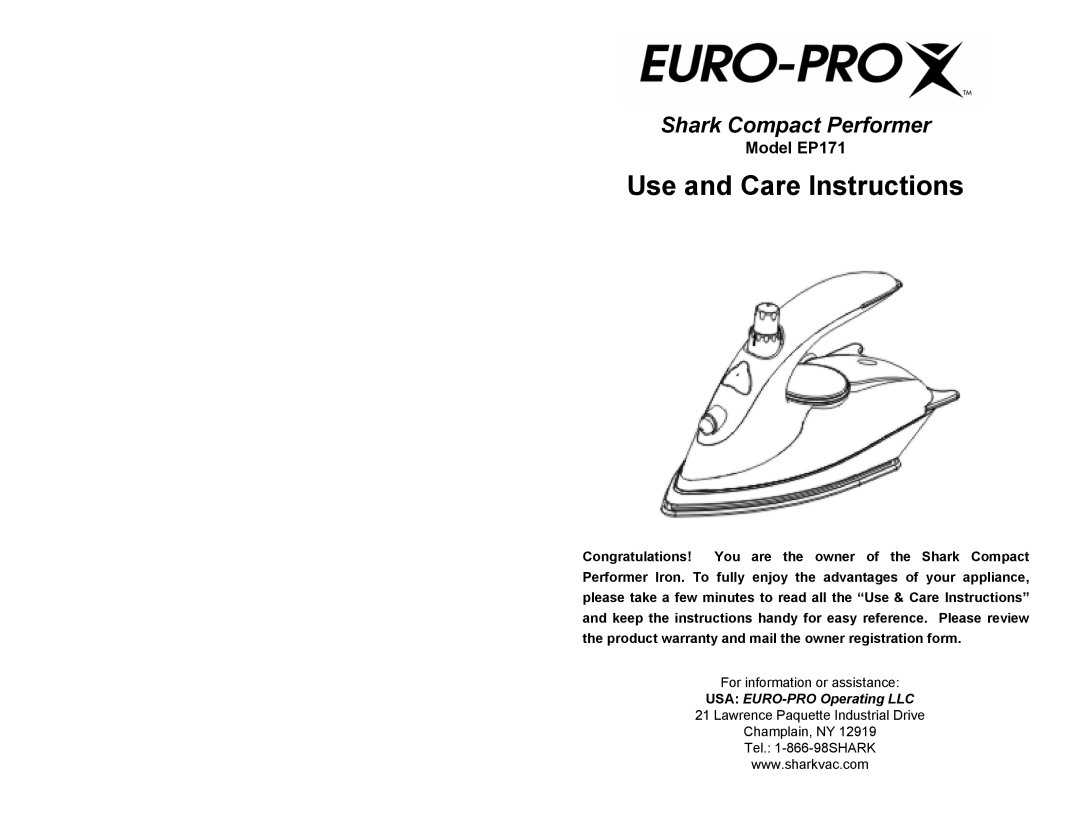 Euro-Pro EP171 warranty Use and Care Instructions 