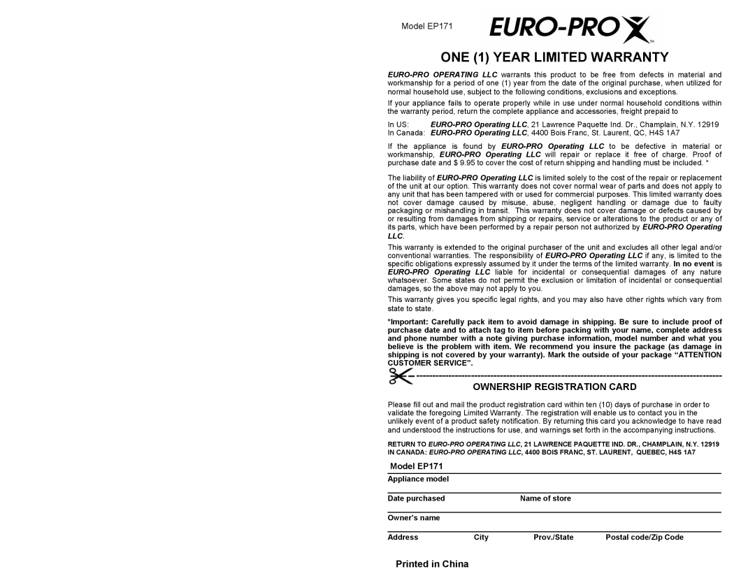 Euro-Pro EP171 warranty ONE 1 Year Limited Warranty 