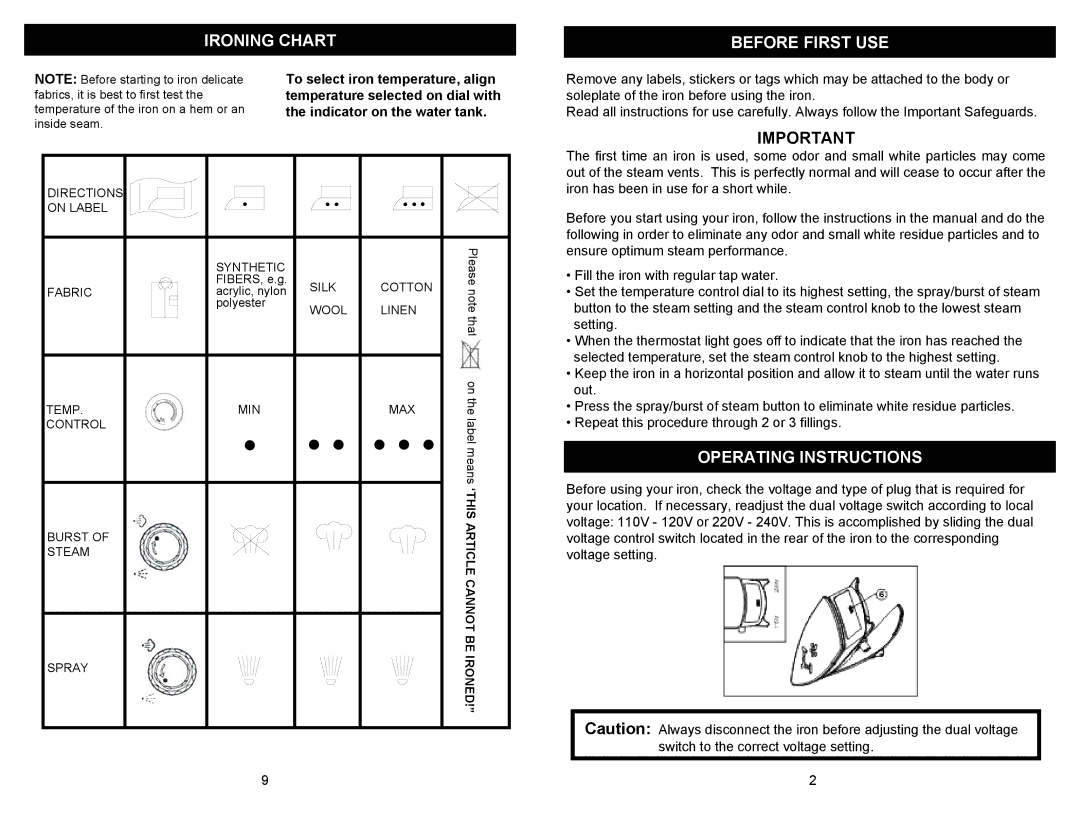 Euro-Pro EP171 warranty Ironing Chart, Before First USE, Operating Instructions 