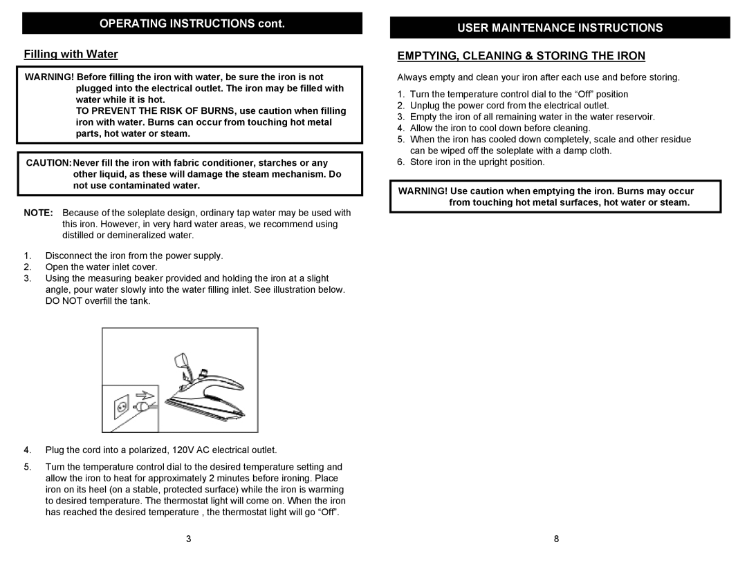 Euro-Pro EP171 warranty User Maintenance Instructions, EMPTYING, Cleaning & Storing the Iron 