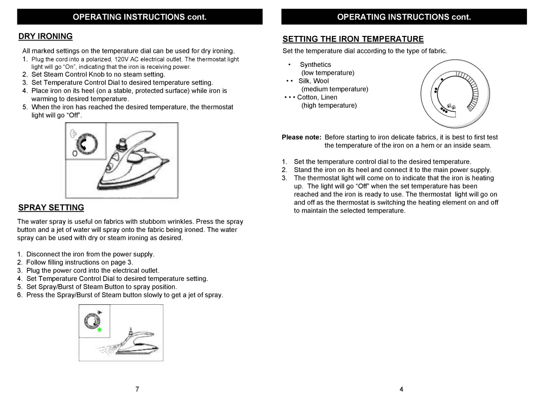 Euro-Pro EP171 warranty DRY Ironing, Spray Setting, Setting the Iron Temperature 