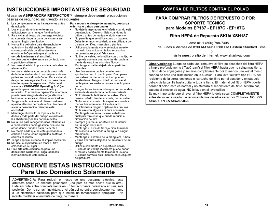 Euro-Pro EP187G, EP187C owner manual Instrucciones Importantes DE Seguridad, Compra DE Filtros Contra EL Polvo 