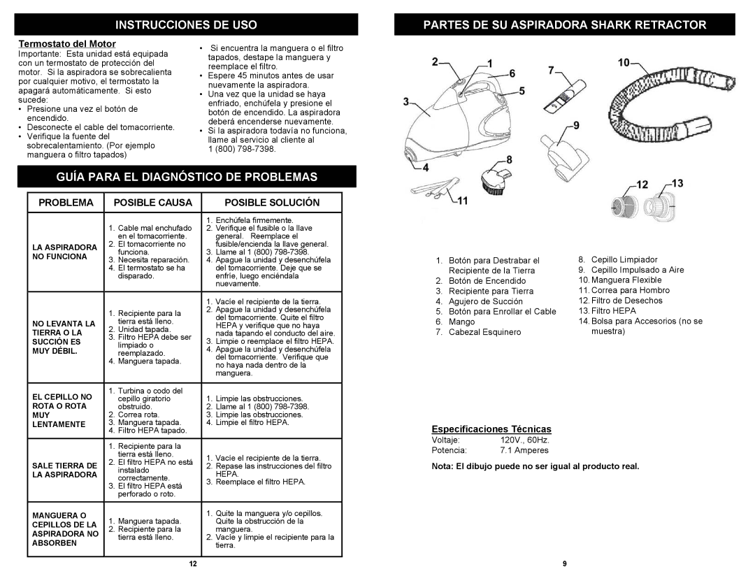 Euro-Pro EP187C, EP187G owner manual Guía Para EL Diagnóstico DE Problemas, Termostato del Motor, Especificaciones Técnicas 