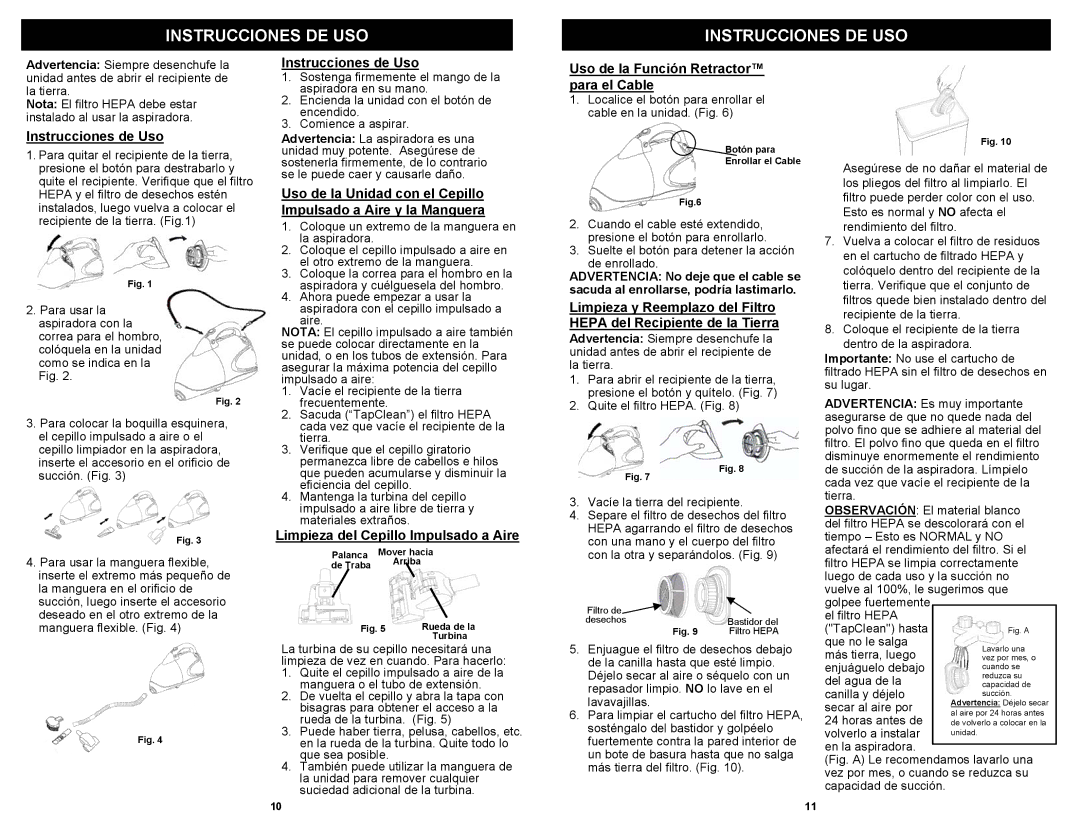 Euro-Pro EP187G, EP187C owner manual Instrucciones DE USO, Instrucciones de Uso, Uso de la Función Retractor para el Cable 