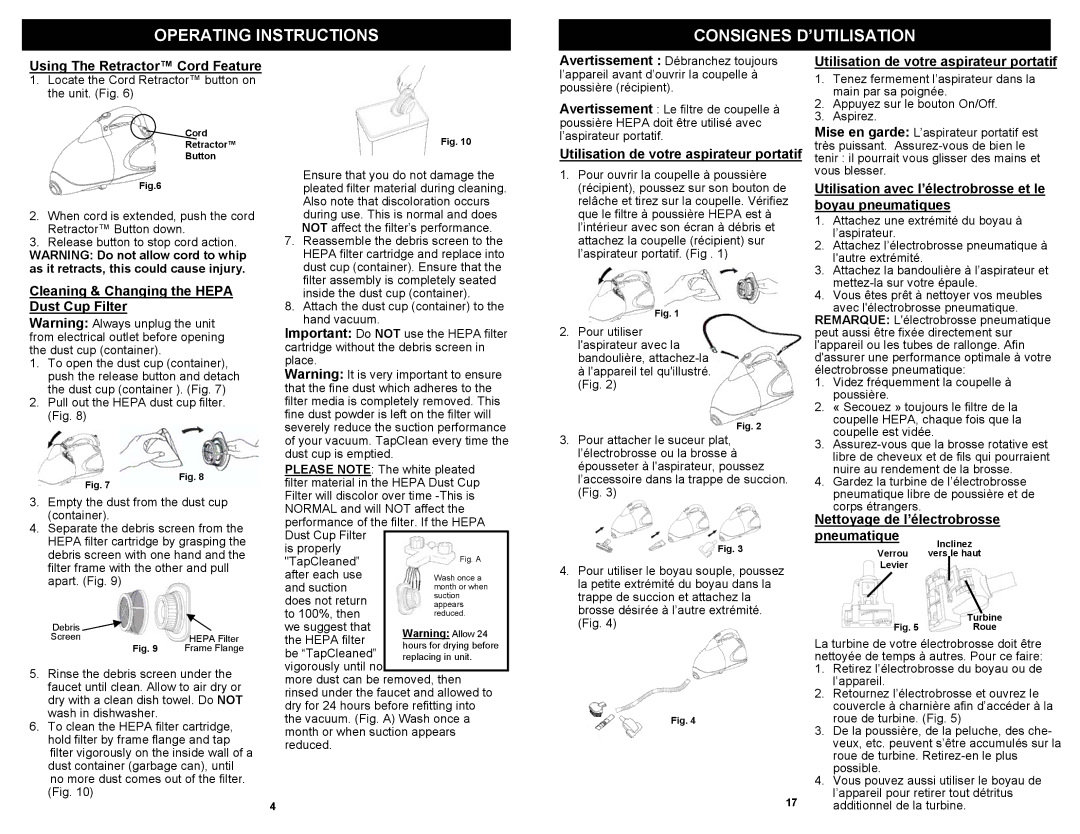 Euro-Pro EP187G, EP187C owner manual Operating Instructions Consignes D’UTILISATION 