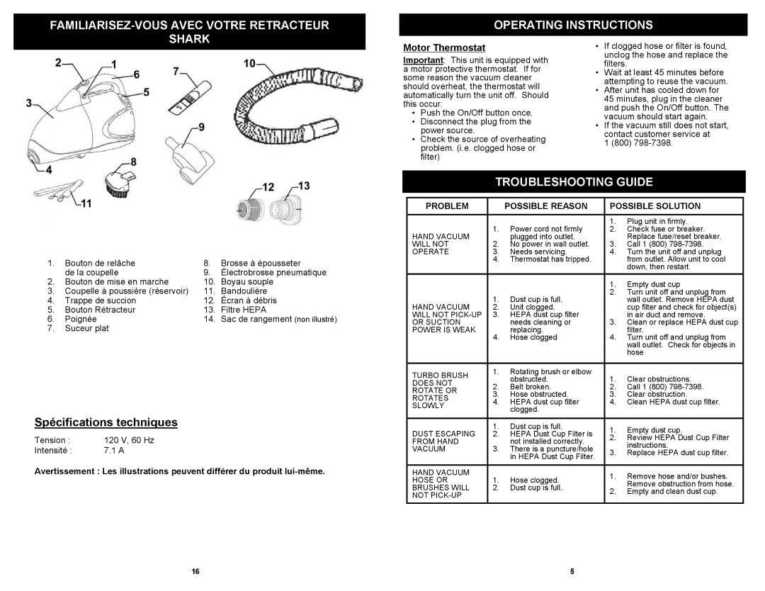 Euro-Pro EP187G, EP187C owner manual Troubleshooting Guide, Motor Thermostat, Suceur plat, Tension 120 V, 60 Hz Intensité 