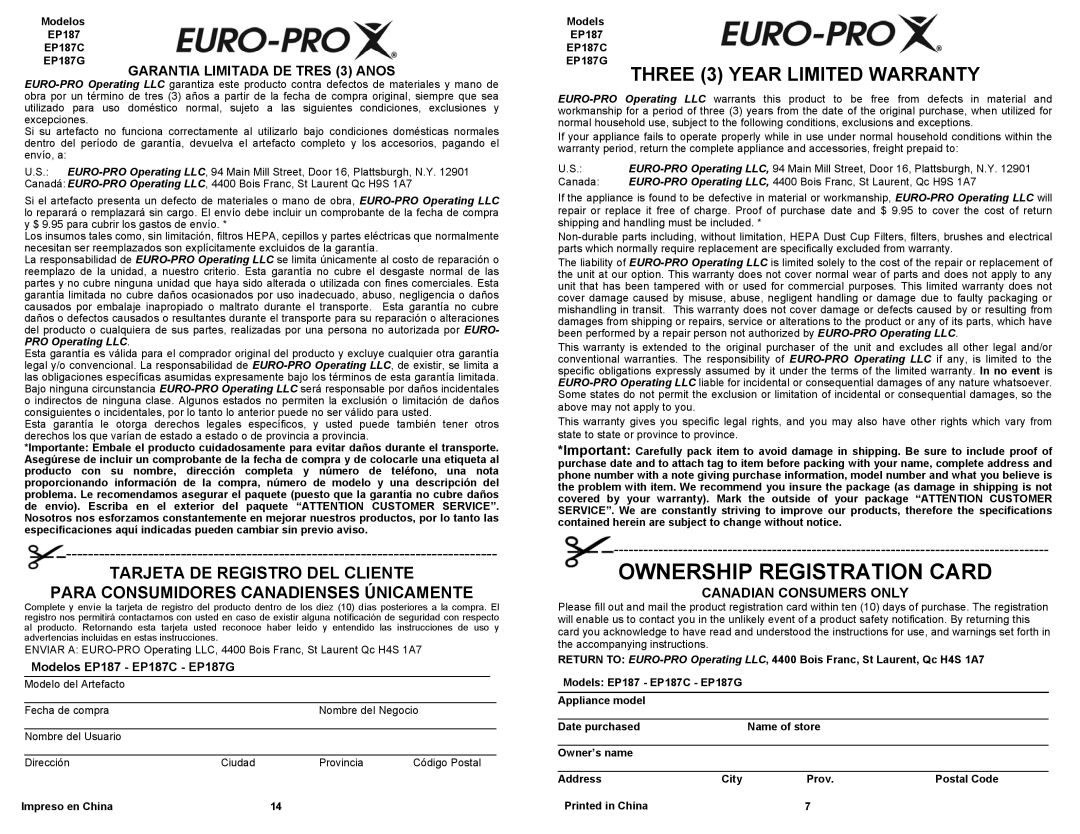 Euro-Pro EP187G, EP187C owner manual Three 3 Year Limited Warranty, Garantía Limitada DE Tres 3 Años 