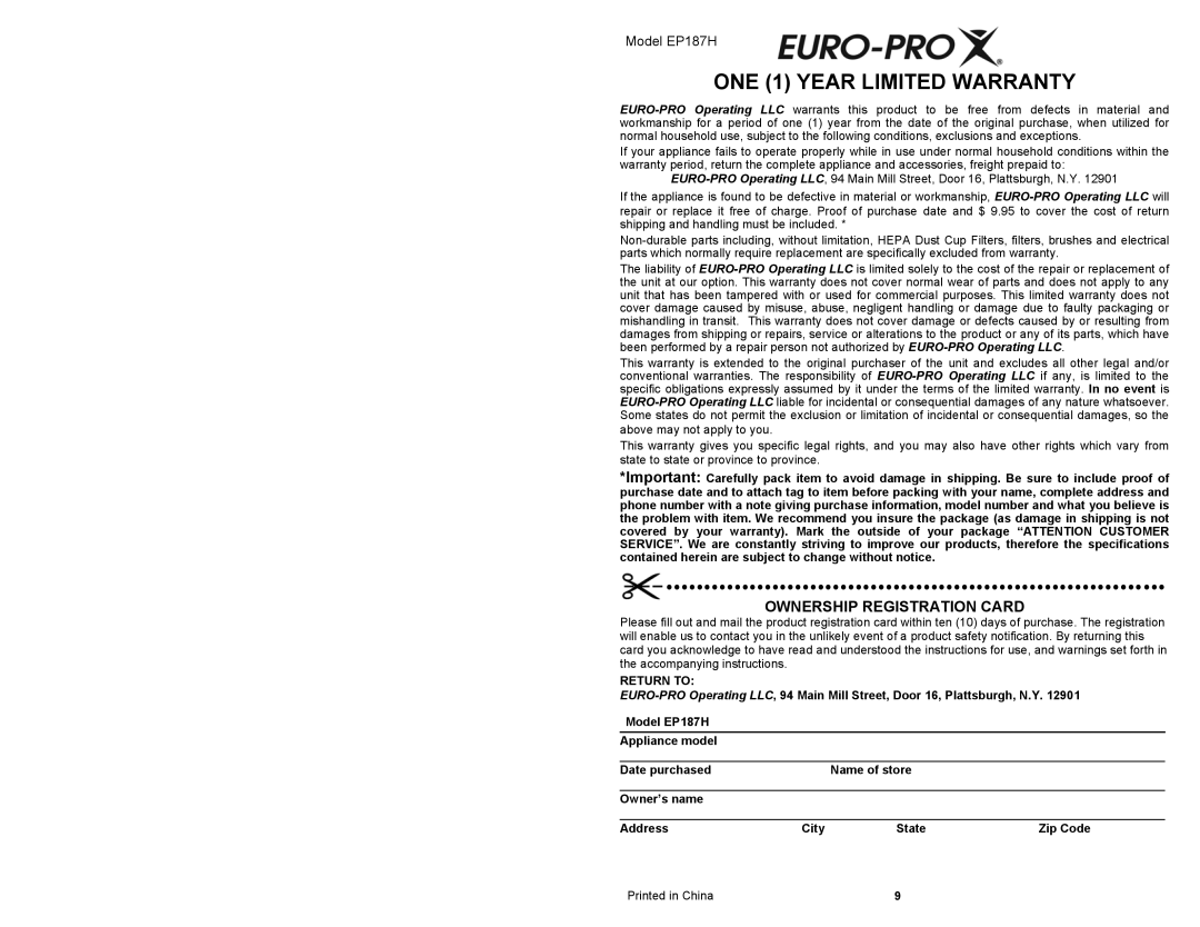 Euro-Pro EP187H owner manual ONE 1 Year Limited Warranty, Return to 