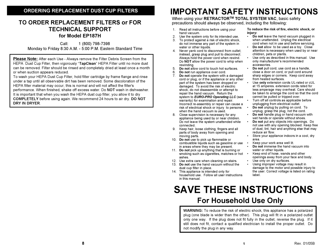 Euro-Pro EP187H owner manual Technical Support, Ordering Replacement Dust CUP Filters 