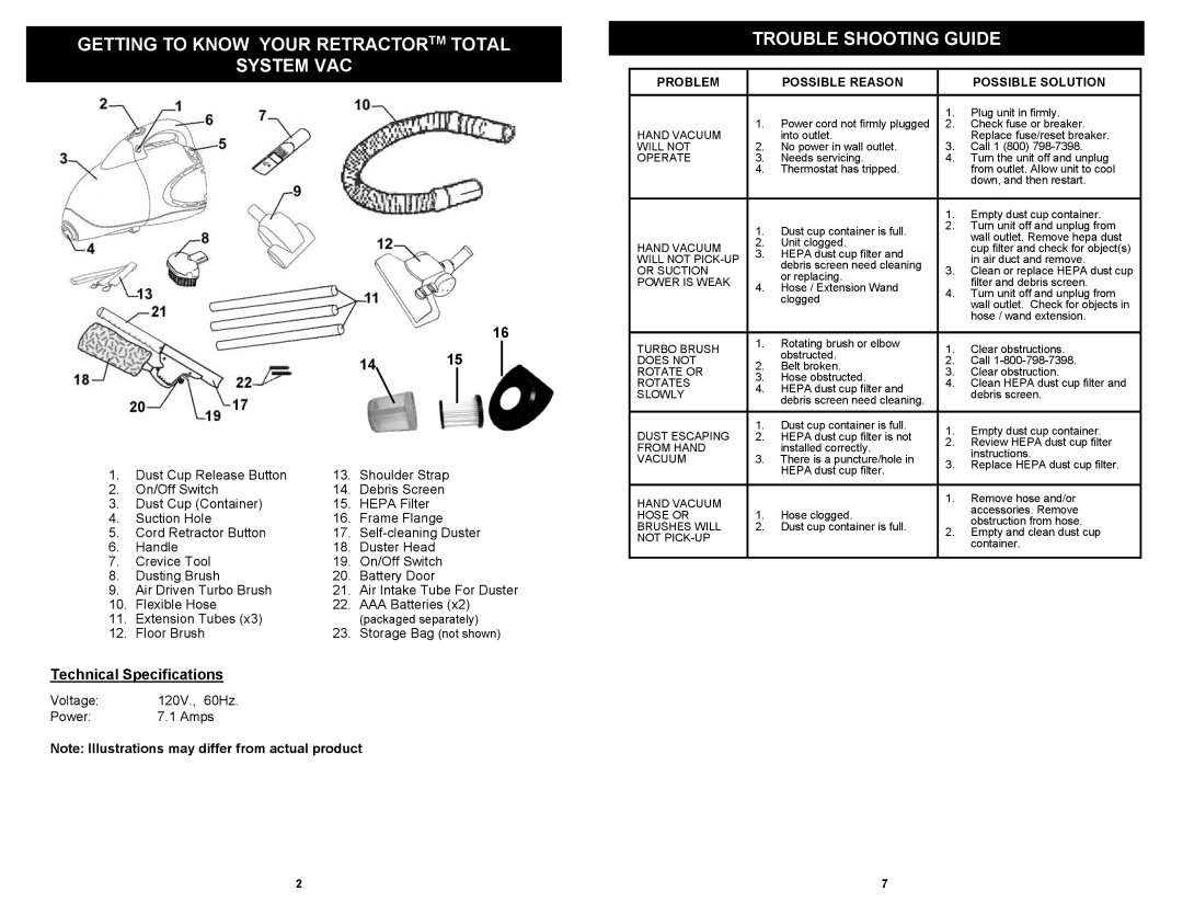 Euro-Pro EP187H Getting to Know Your Retractortm Total System VAC, Trouble Shooting Guide, Technical Specifications 