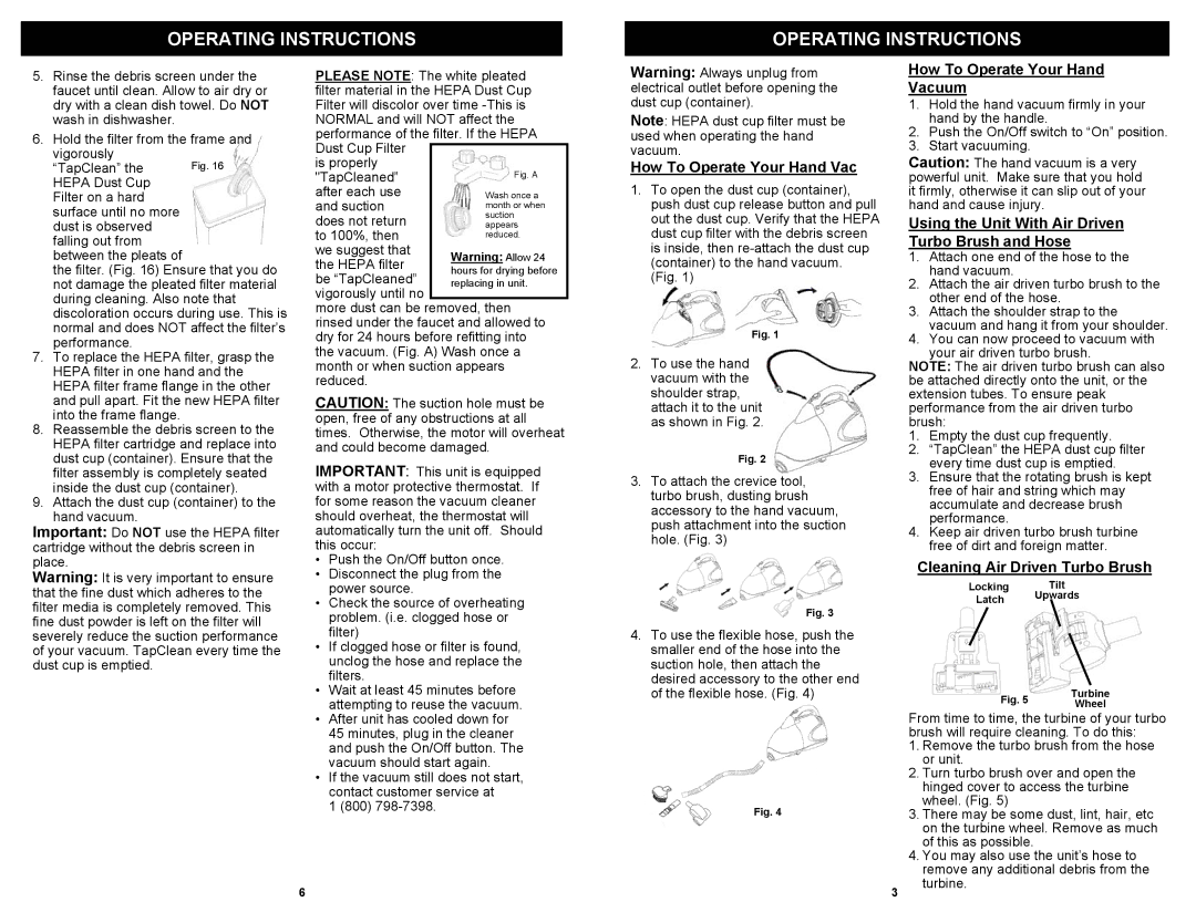 Euro-Pro EP187H owner manual Operating Instructions, How To Operate Your Hand Vacuum, Cleaning Air Driven Turbo Brush 