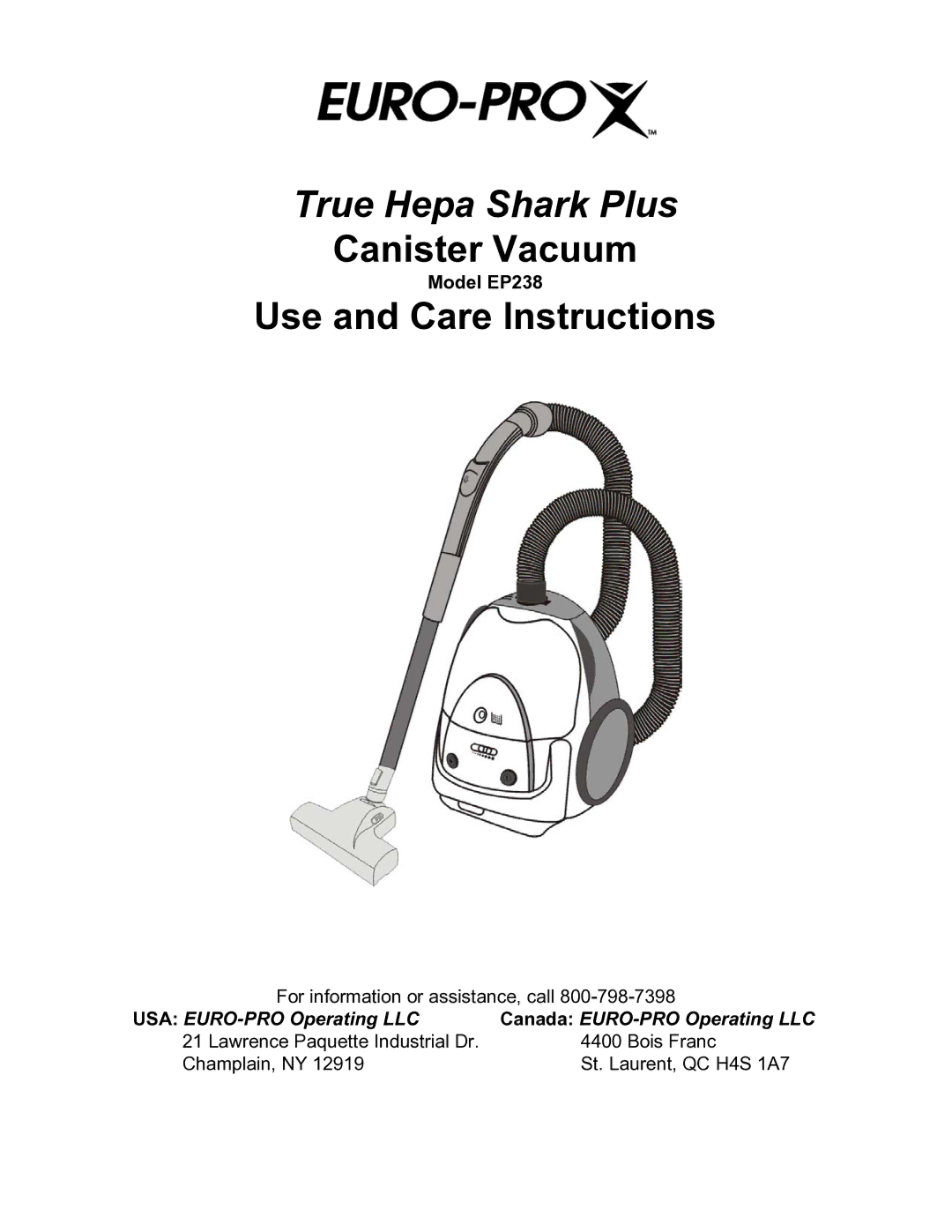 Euro-Pro EP238 manual True Hepa Shark Plus 