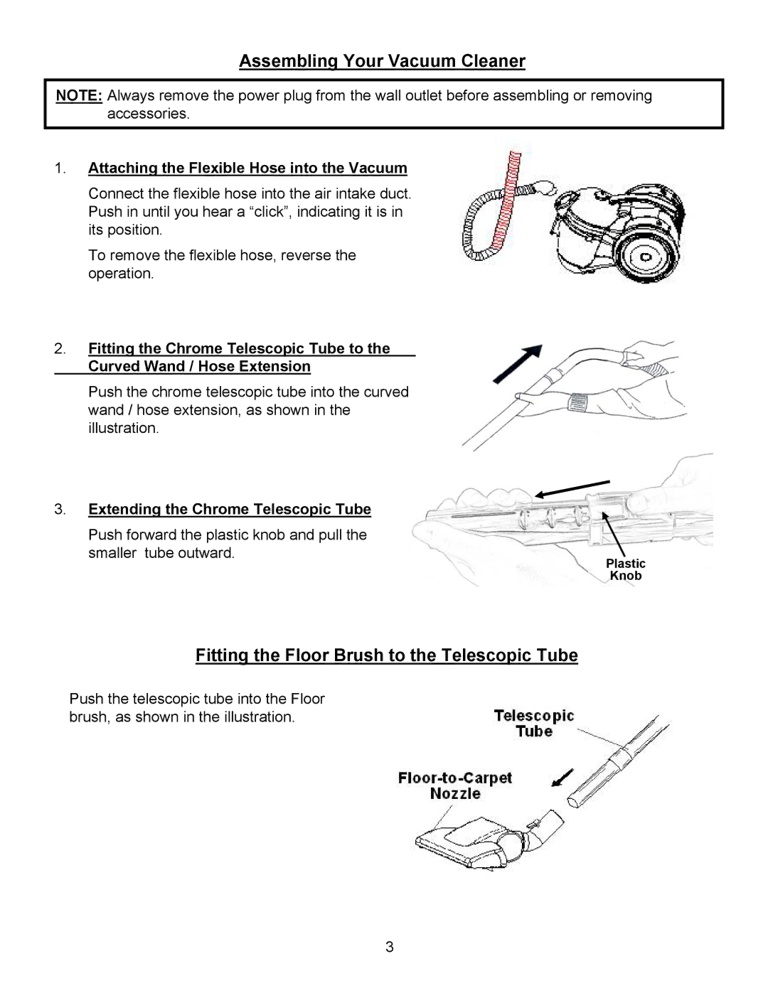 Euro-Pro EP239 manual Assembling Your Vacuum Cleaner, Fitting the Floor Brush to the Telescopic Tube 