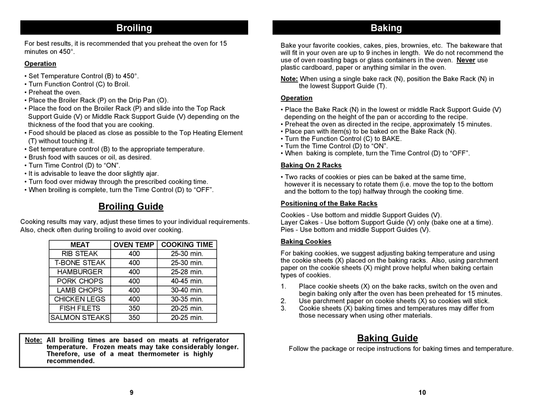 Euro-Pro EP277 manual Broiling Guide, Baking Guide 