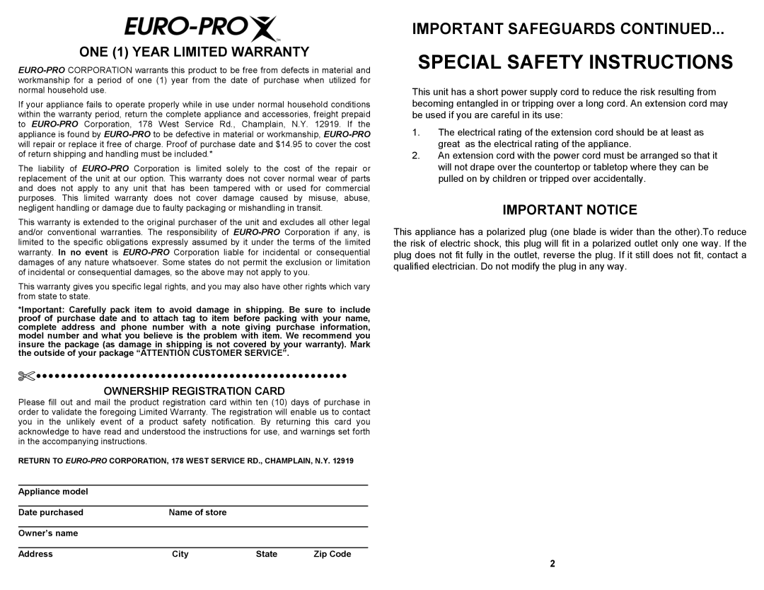 Euro-Pro EP277 Special Safety Instructions, ONE 1 YEAR LIMITED WARRANTY, Important Notice, Ownership Registration Card 