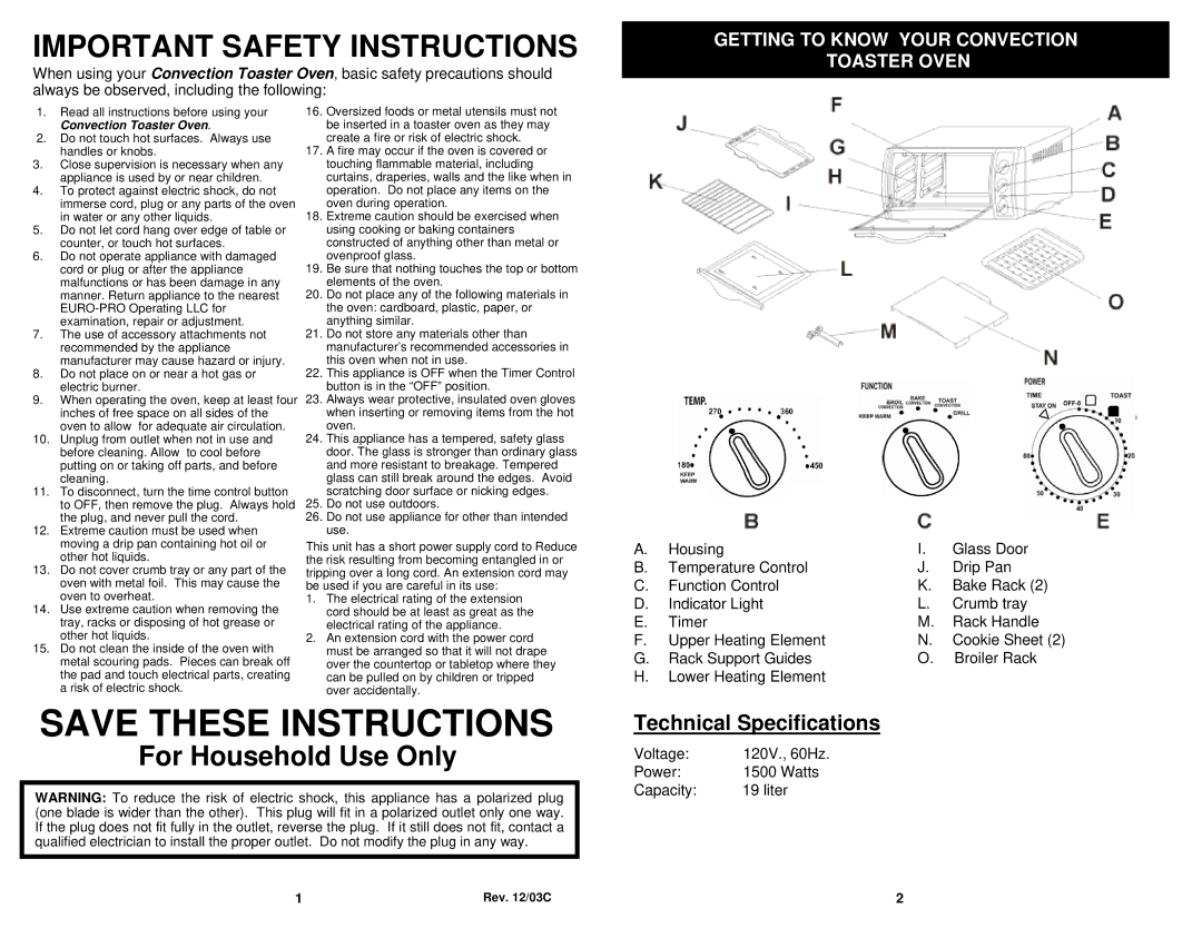 Euro-Pro EP278 NP owner manual Important Safety Instructions, Technical Specifications 