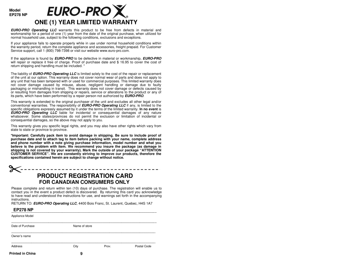 Euro-Pro EP278 NP owner manual ONE 1 Year Limited Warranty 