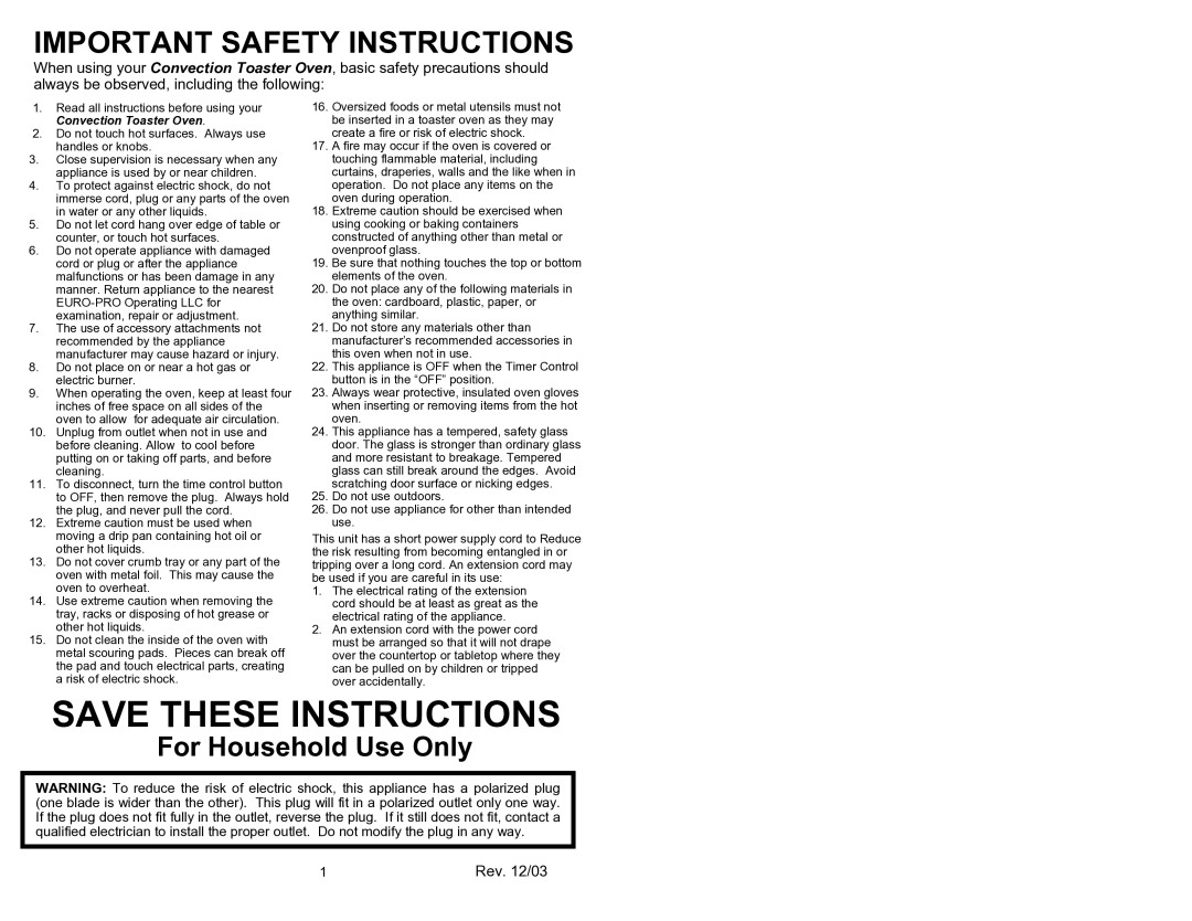 Euro-Pro EP278 NP owner manual Important Safety Instructions 