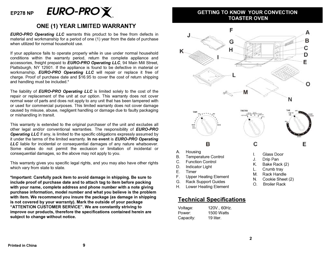 Euro-Pro EP278 NP owner manual ONE 1 Year Limited Warranty, Technical Specifications 