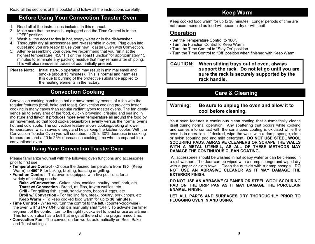 Euro-Pro EP278 NP Before Using Your Convection Toaster Oven, Convection Cooking, Keep Warm, Operation, Care & Cleaning 