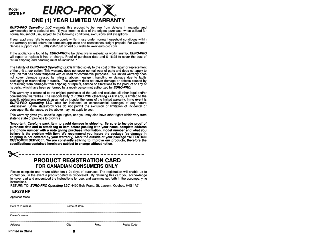 Euro-Pro ONE 1 YEAR LIMITED WARRANTY, Product Registration Card, For Canadian Consumers Only, Model EP278 NP 