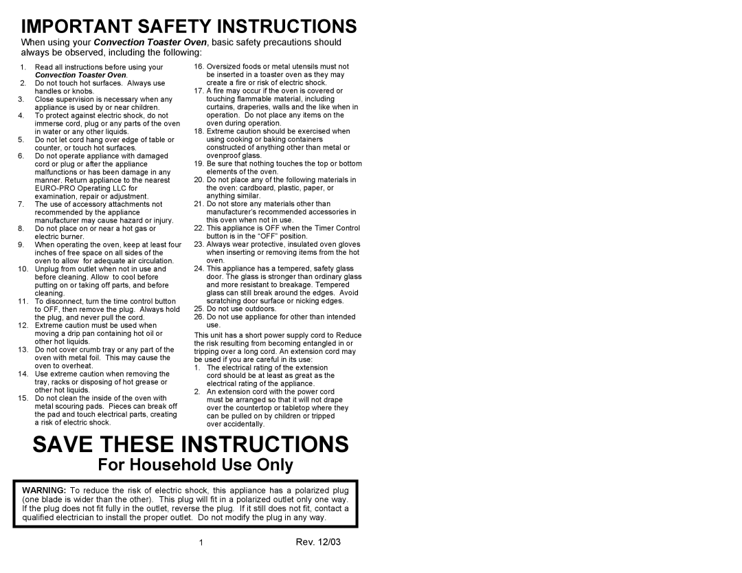Euro-Pro EP278 NP owner manual For Household Use Only, Save These Instructions, Important Safety Instructions 