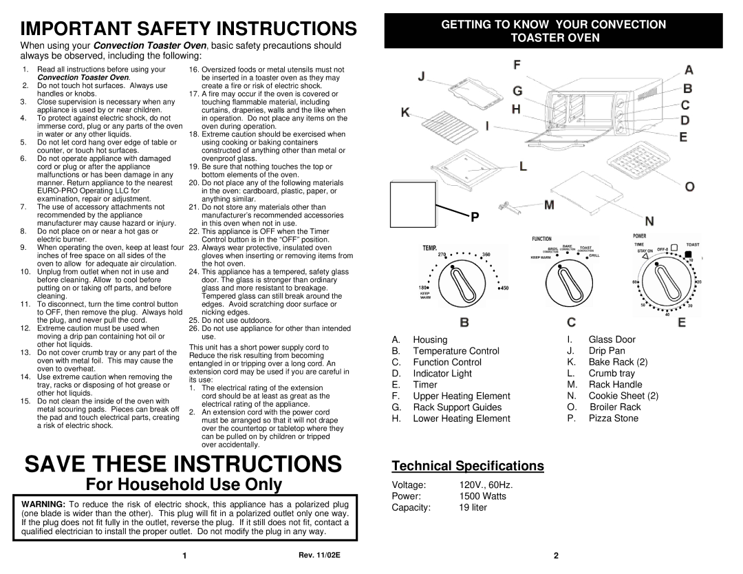 Euro-Pro EP278 owner manual Important Safety Instructions, Technical Specifications 