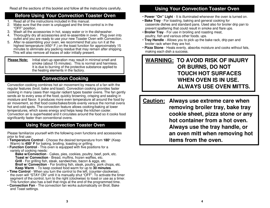 Euro-Pro EP278 owner manual Before Using Your Convection Toaster Oven, Convection Cooking 