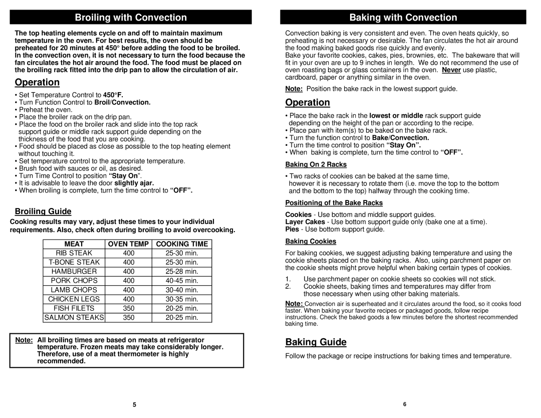 Euro-Pro EP278 owner manual Broiling with Convection, Operation, Baking with Convection, Baking Guide, Broiling Guide 