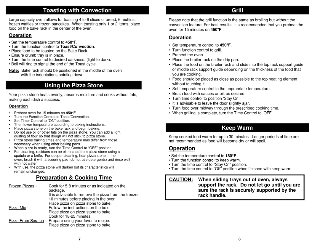 Euro-Pro EP278 owner manual Toasting with Convection, Using the Pizza Stone, Preparation & Cooking Time, Grill, Keep Warm 