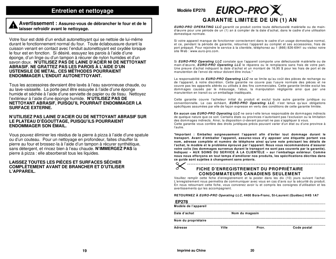 Euro-Pro EP278 owner manual Entretien et nettoyage, Garantie Limitée DE UN 1 AN 