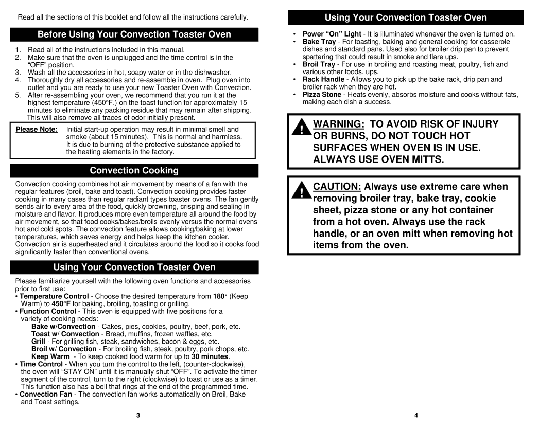 Euro-Pro EP278 owner manual Before Using Your Convection Toaster Oven, Convection Cooking 