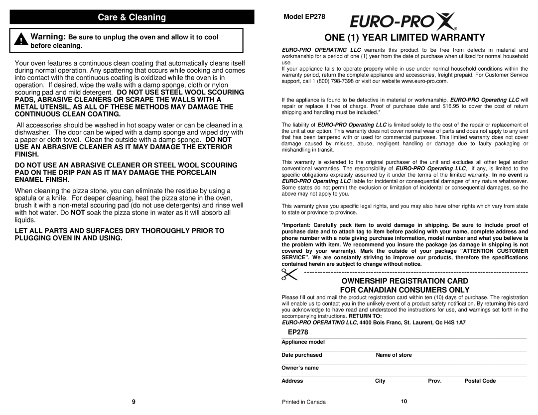 Euro-Pro EP278 owner manual ONE 1 Year Limited Warranty, Care & Cleaning 